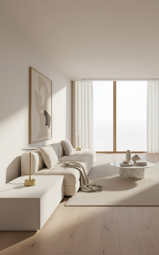 Lampe LED en métal posée sur un chevet, ambiance chaleureuse.