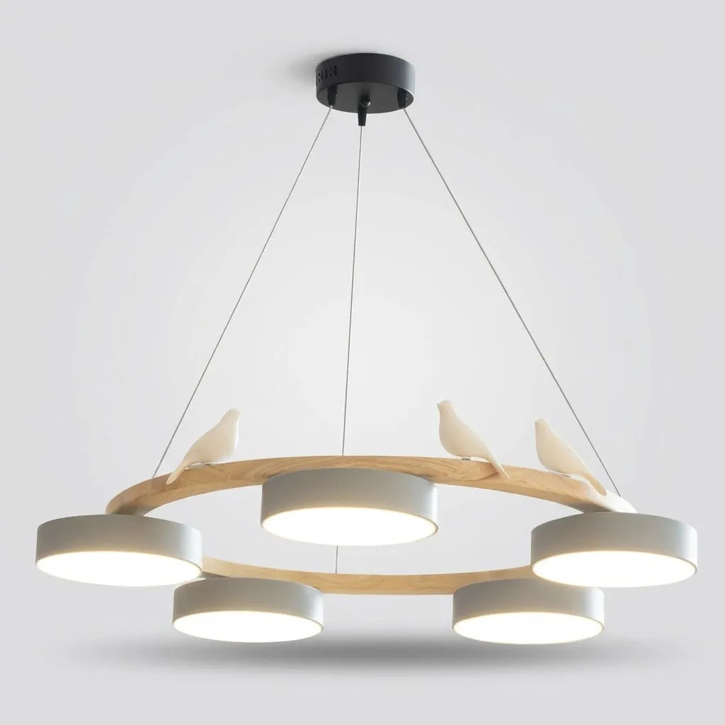 Lustre Bois Sienna Round design naturel scandinave avec oiseaux