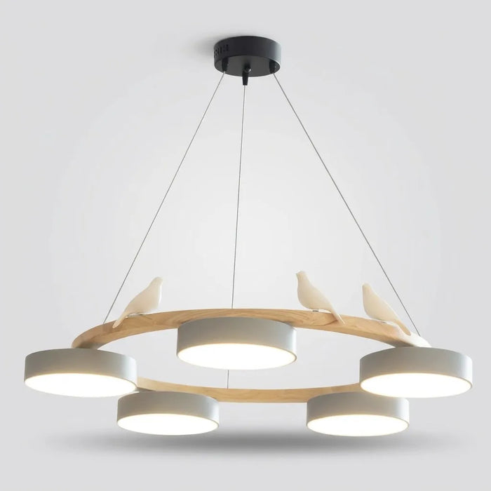 Lustre Bois Sienna Round design naturel scandinave avec oiseaux
