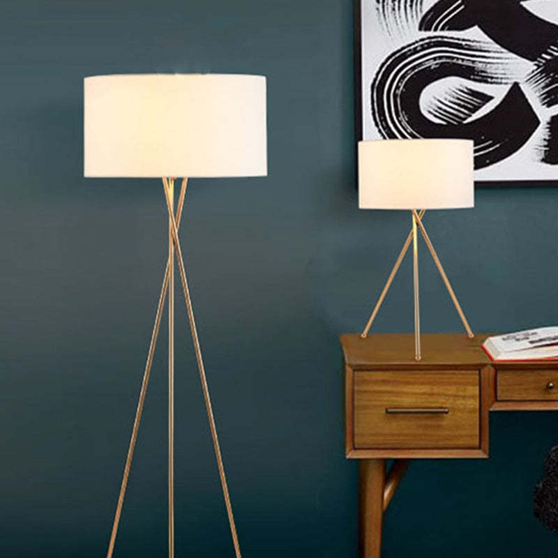 Lampadaire Cylindre Tissu Blanc 2-en-1