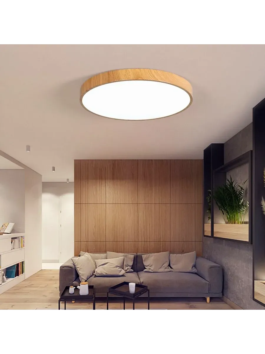 Plafonnier LED Rond Nordique – Design Bois Minimaliste