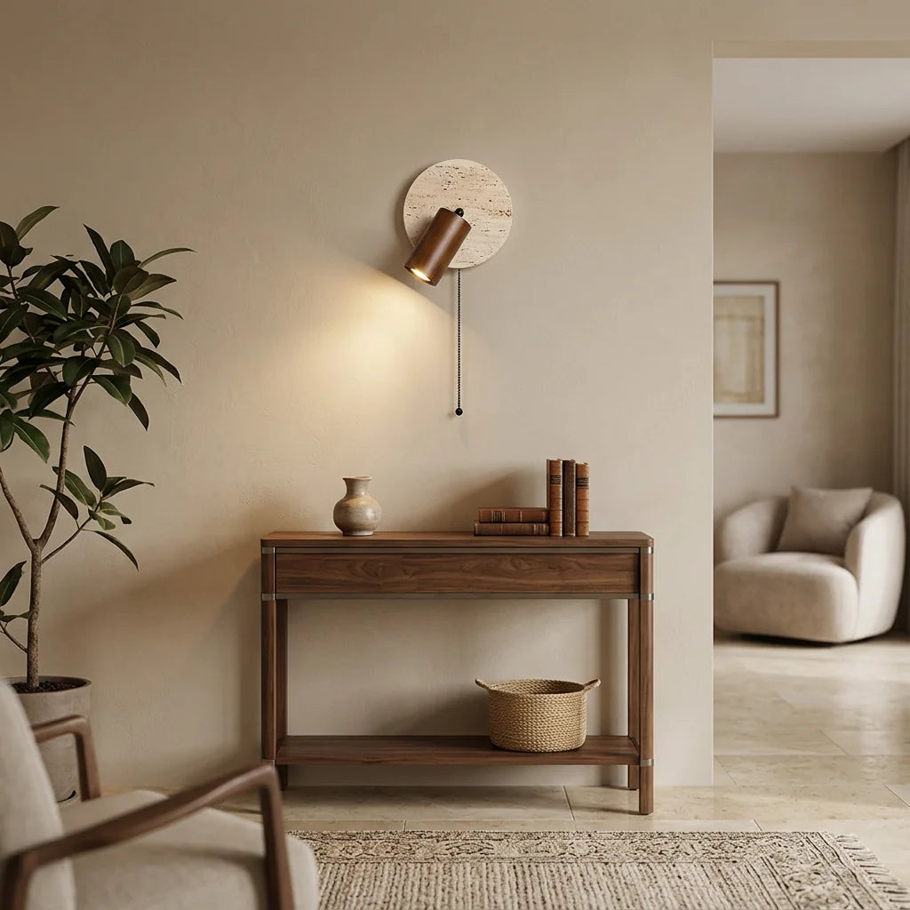 Applique Murale Windalo noyer au-dessus d'une console salon