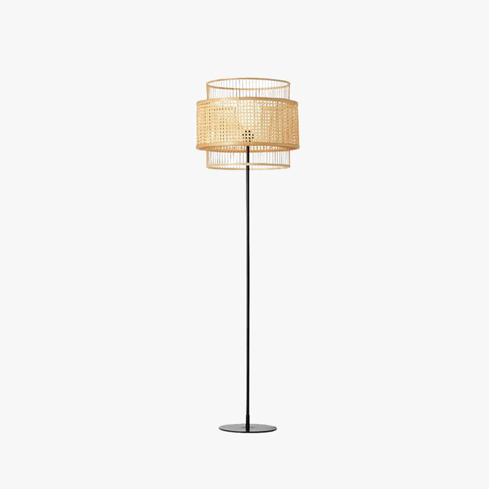 Lampadaire rotin tressé triple anneaux bois métal bohème salon hôtel