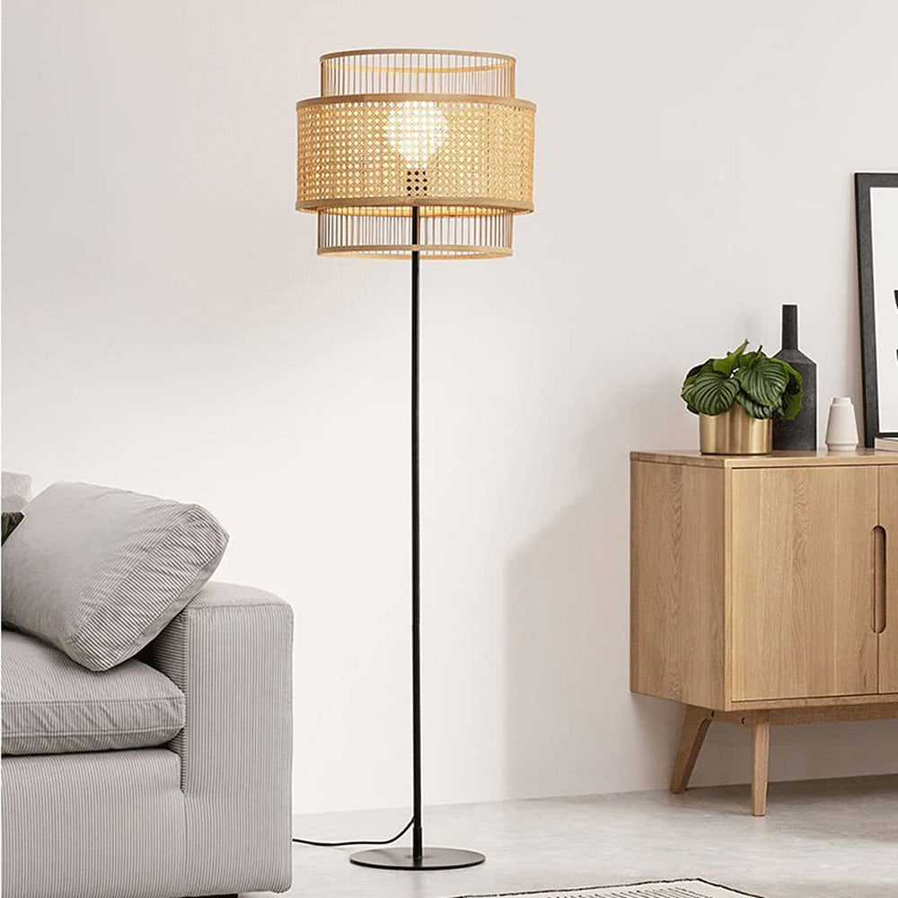 Lampadaire Rotin Anneaux Triple Bohème