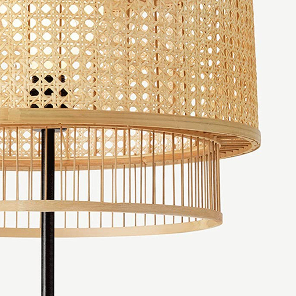 Lampadaire Rotin Anneaux Triple Bohème