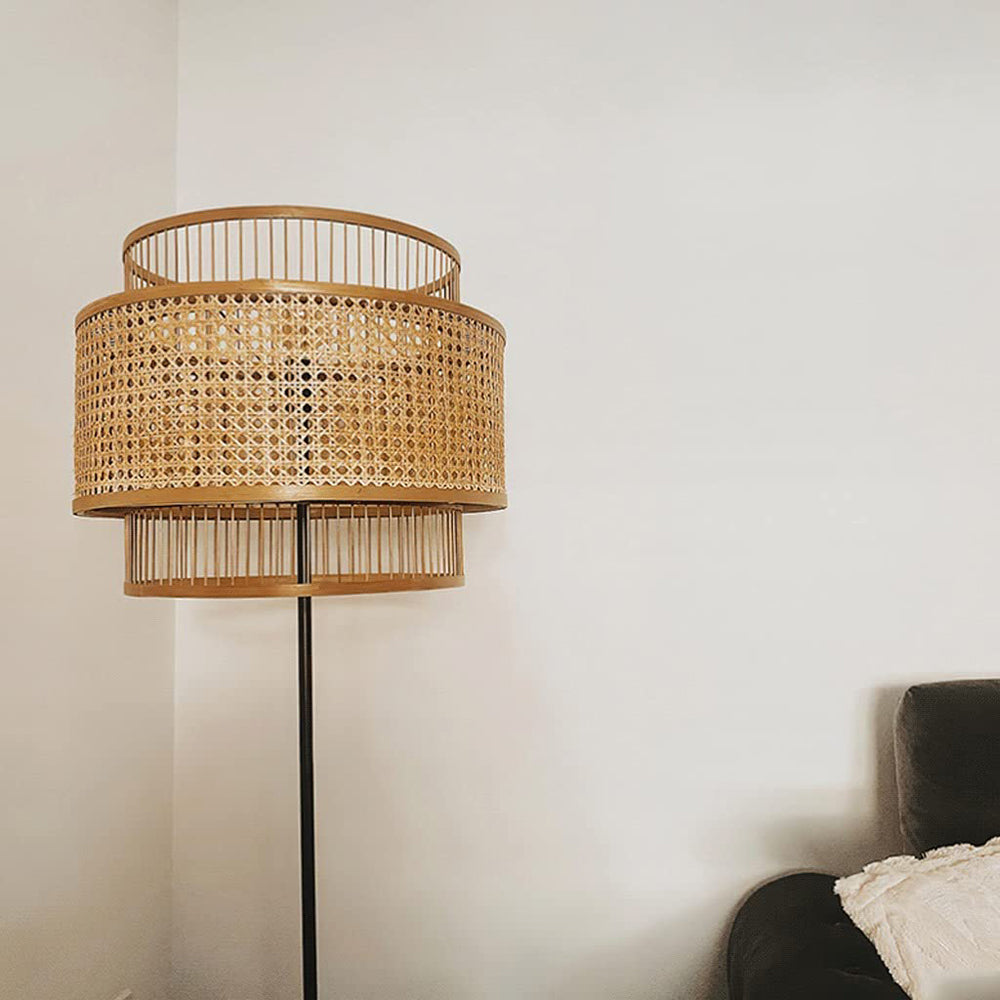 Lampadaire Rotin Anneaux Triple Bohème