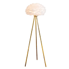 Lampadaire decoratif avec abat jour en plumes blanches et pied en metal dore