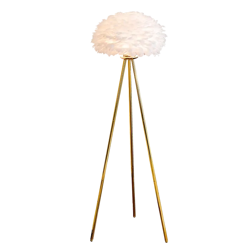 Lampadaire decoratif avec abat jour en plumes blanches et pied en metal dore