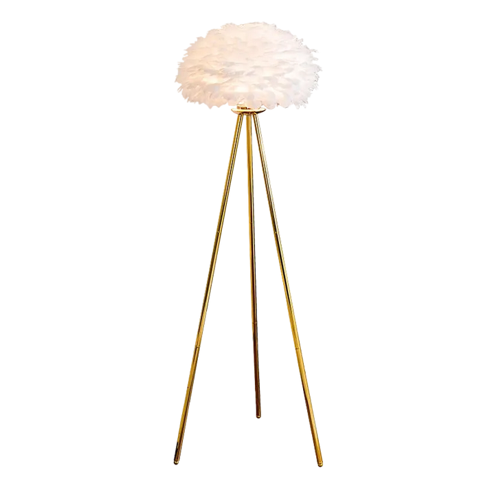 Lampadaire decoratif avec abat jour en plumes blanches et pied en metal dore