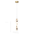 Lampe pendante doree avec effet torsion et eclairage LED doux.