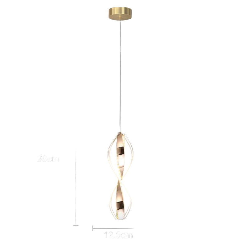 Lampe pendante doree avec effet torsion et eclairage LED doux.