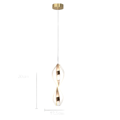 Lampe pendante doree avec effet torsion et eclairage LED doux.