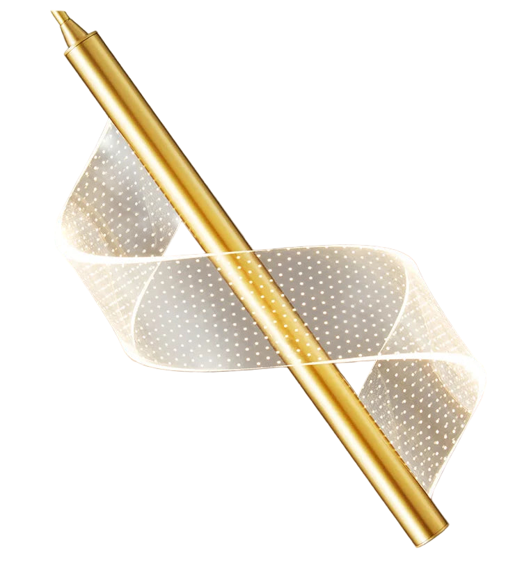 Lampe pendante en acrylique formant une spirale lumineuse.