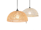 Lustre chanvre tisse diffuse lumiere chaleureuse.