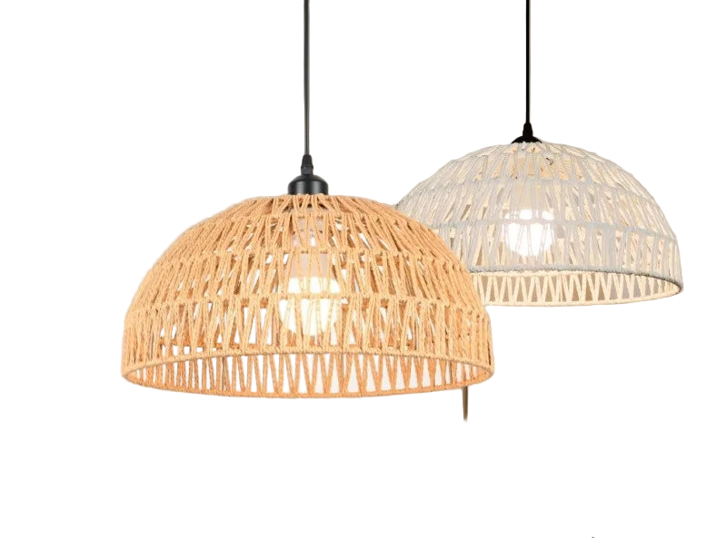 Lustre chanvre tisse diffuse lumiere chaleureuse.
