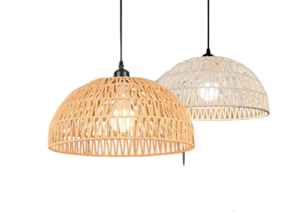 Lustre chanvre tisse diffuse lumiere chaleureuse.
