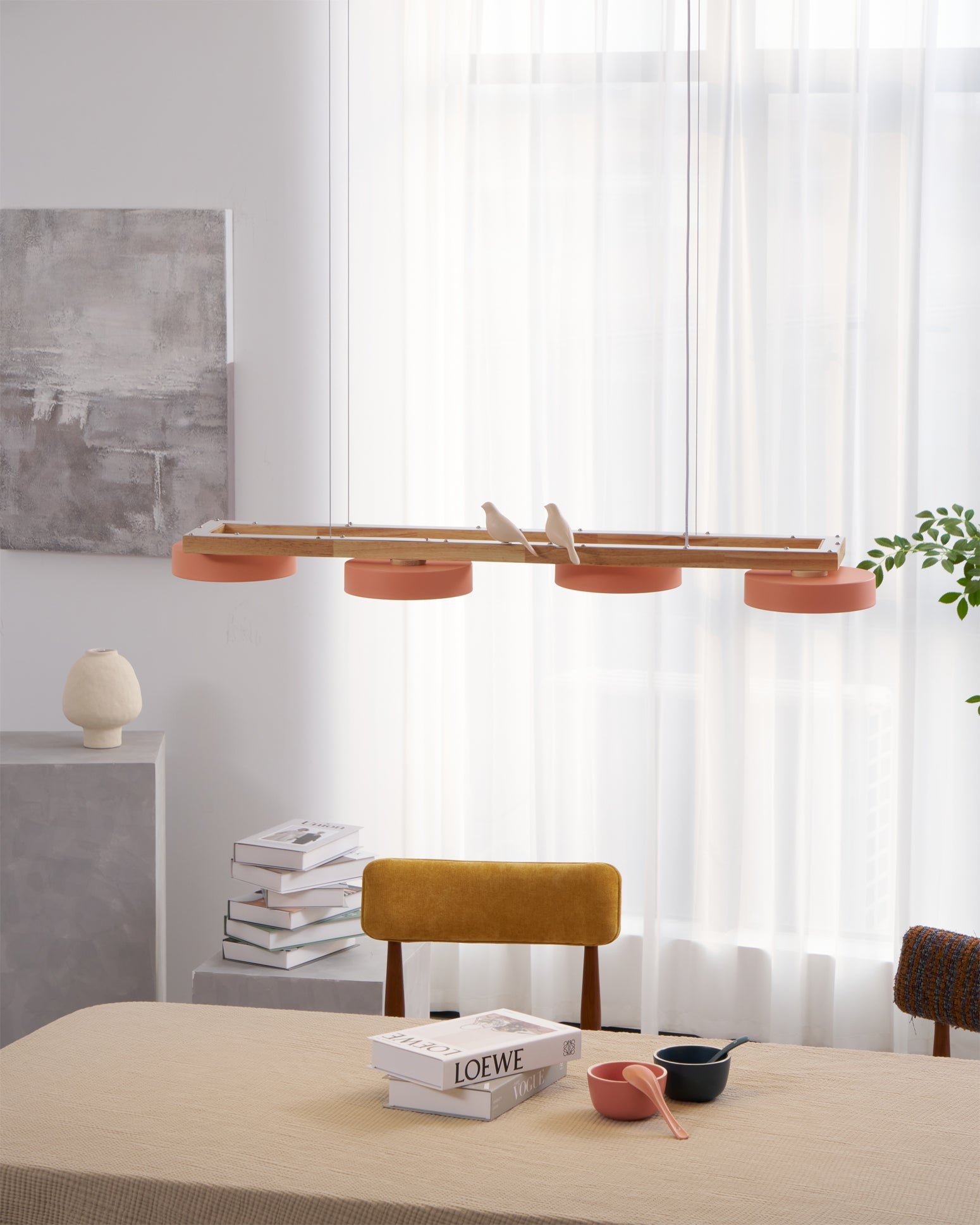 Lustre Bois Oiseau Rectangulaire – Design Naturel Scandinave, Sienna Long