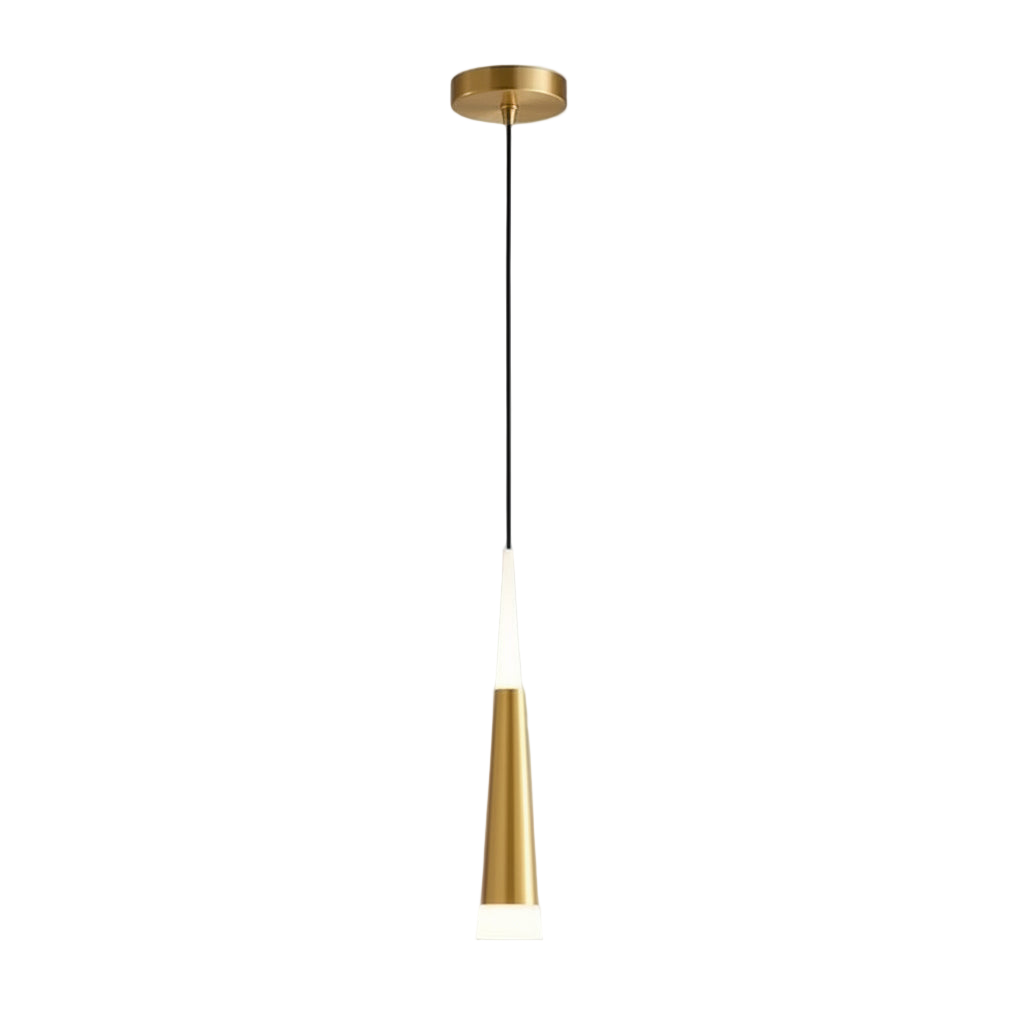 Suspension doree minimaliste avec abat-jour conique en aluminium.