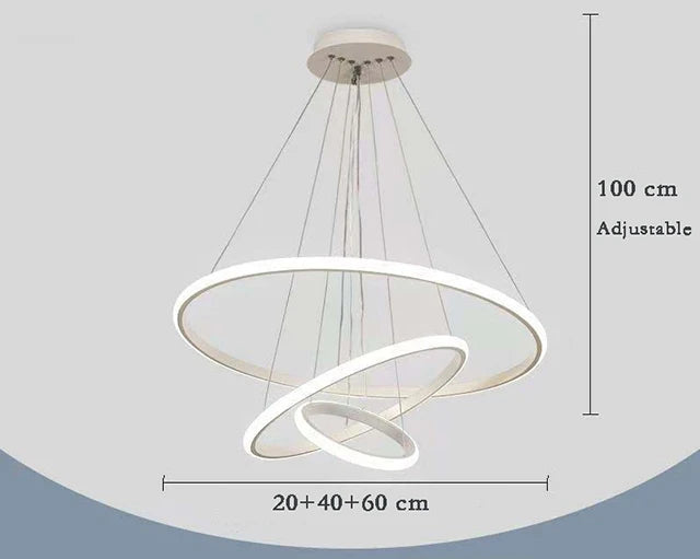 Suspension LED contemporaine avec cercles lumineux.