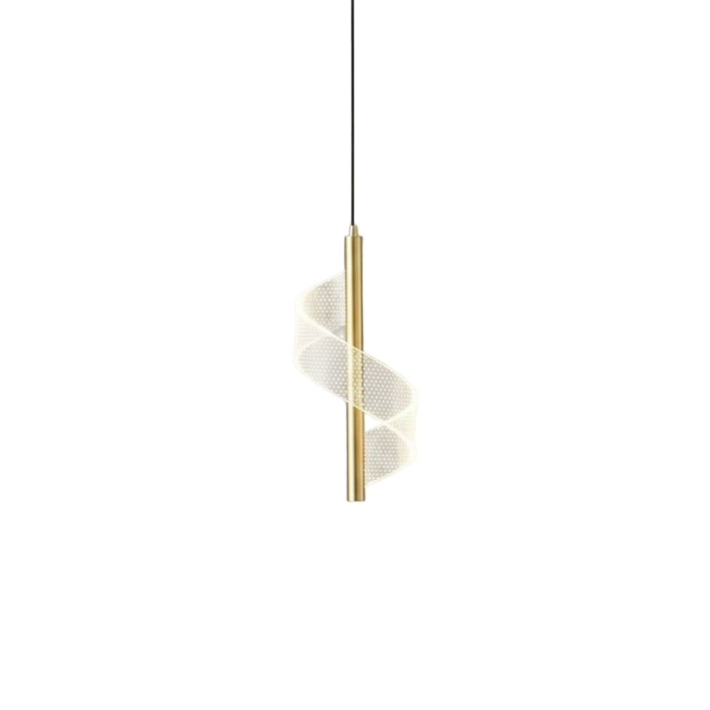 Suspension spirale dorée avec diffuseur acrylique lumineux.