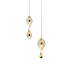 Suspension LED dorée avec diffuseur torsadé en acrylique lumineux.