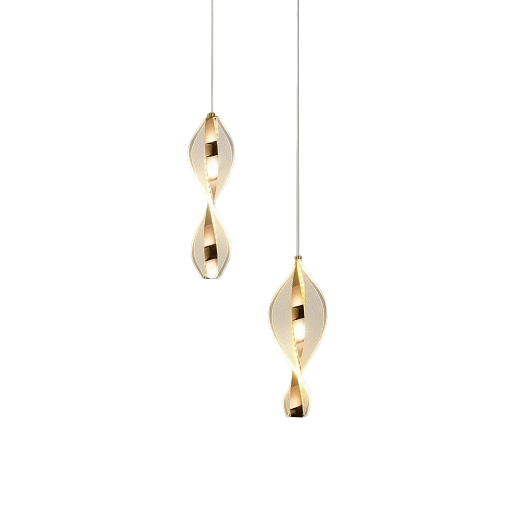 Suspension LED dorée avec diffuseur torsadé en acrylique lumineux.