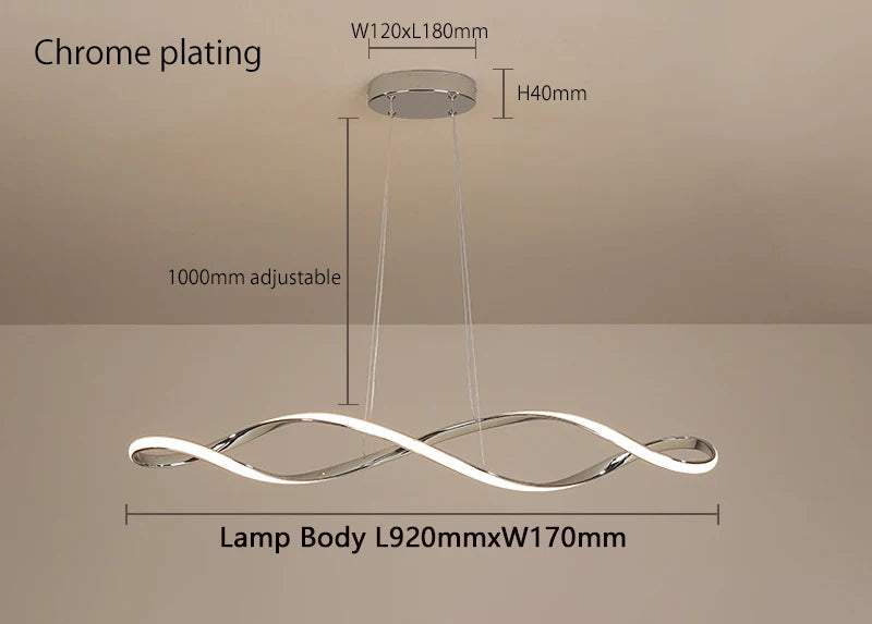 Suspension aluminium forme vague avec eclairage chaud.