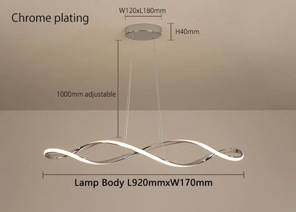 Suspension aluminium forme vague avec eclairage chaud.