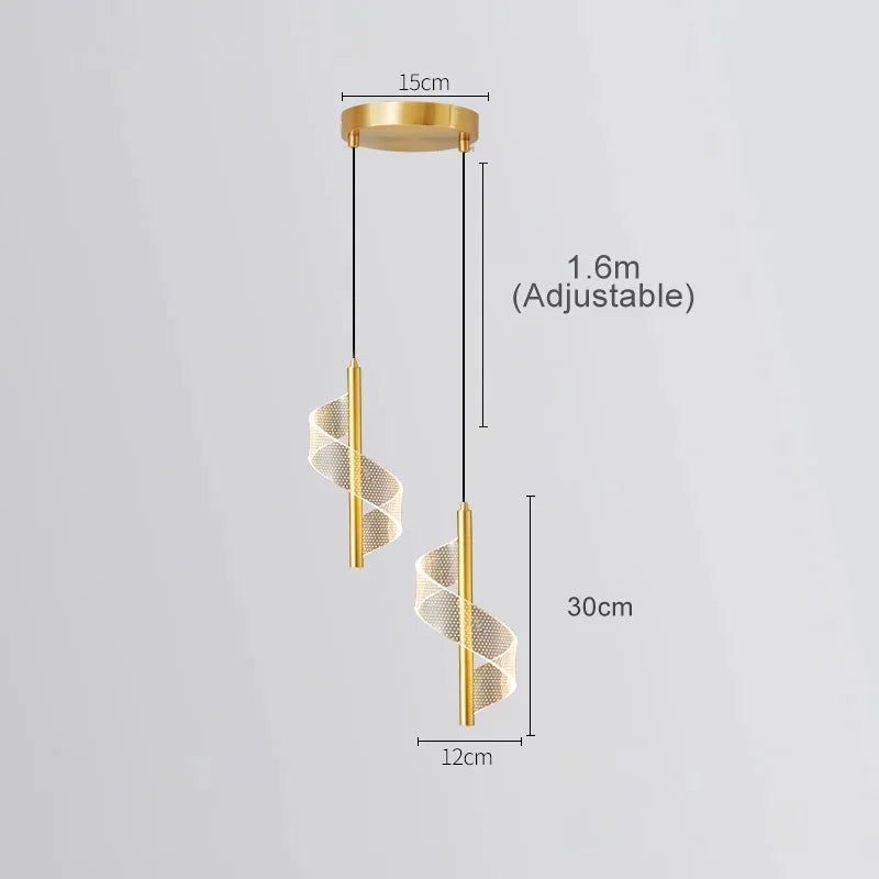 Suspension decorative doree avec spirale LED.