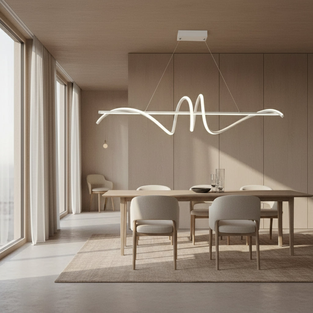 Suspension LED forme vague eclairage uniforme.