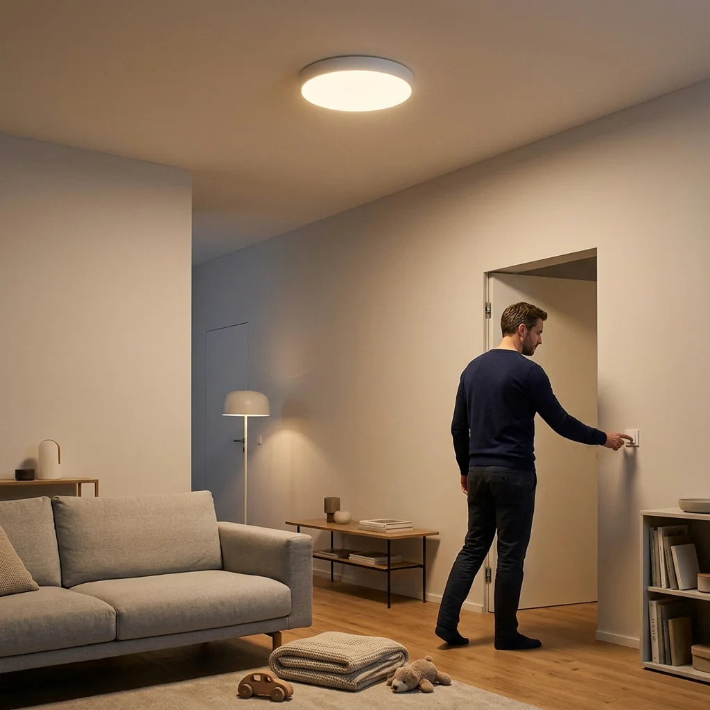 Plafonnier Izoriel dans un salon soirée, blanc