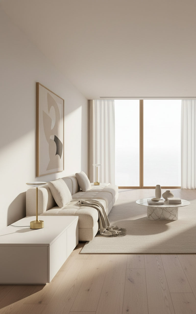 Lampe LED en métal posée sur un chevet, ambiance chaleureuse.