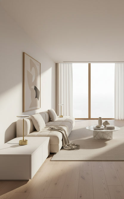 Lampe LED en métal posée sur un chevet, ambiance chaleureuse.