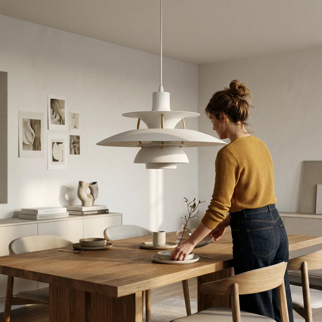 Suspension Macarel blanc classique, mise en situation salle à manger