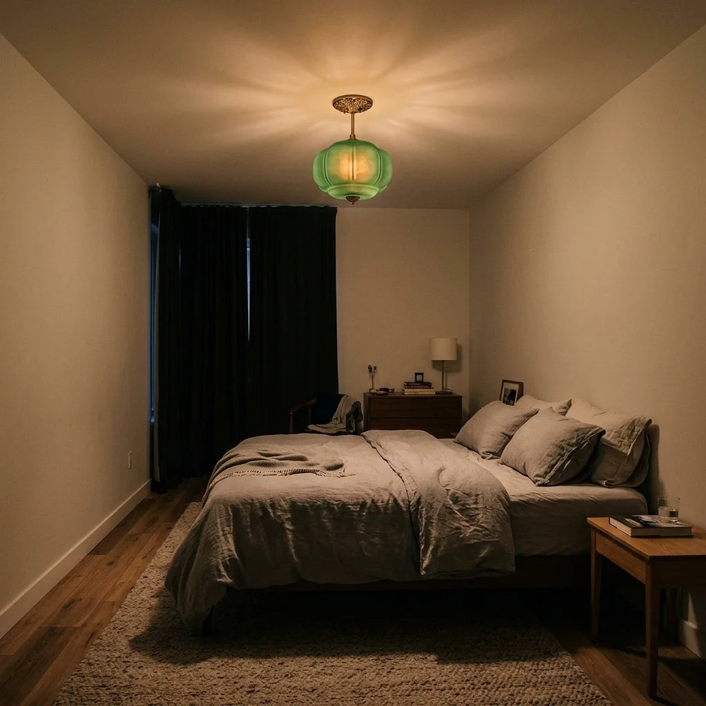 Plafonnier Maravine dans une chambre soirée tamisée, Or & Vert
