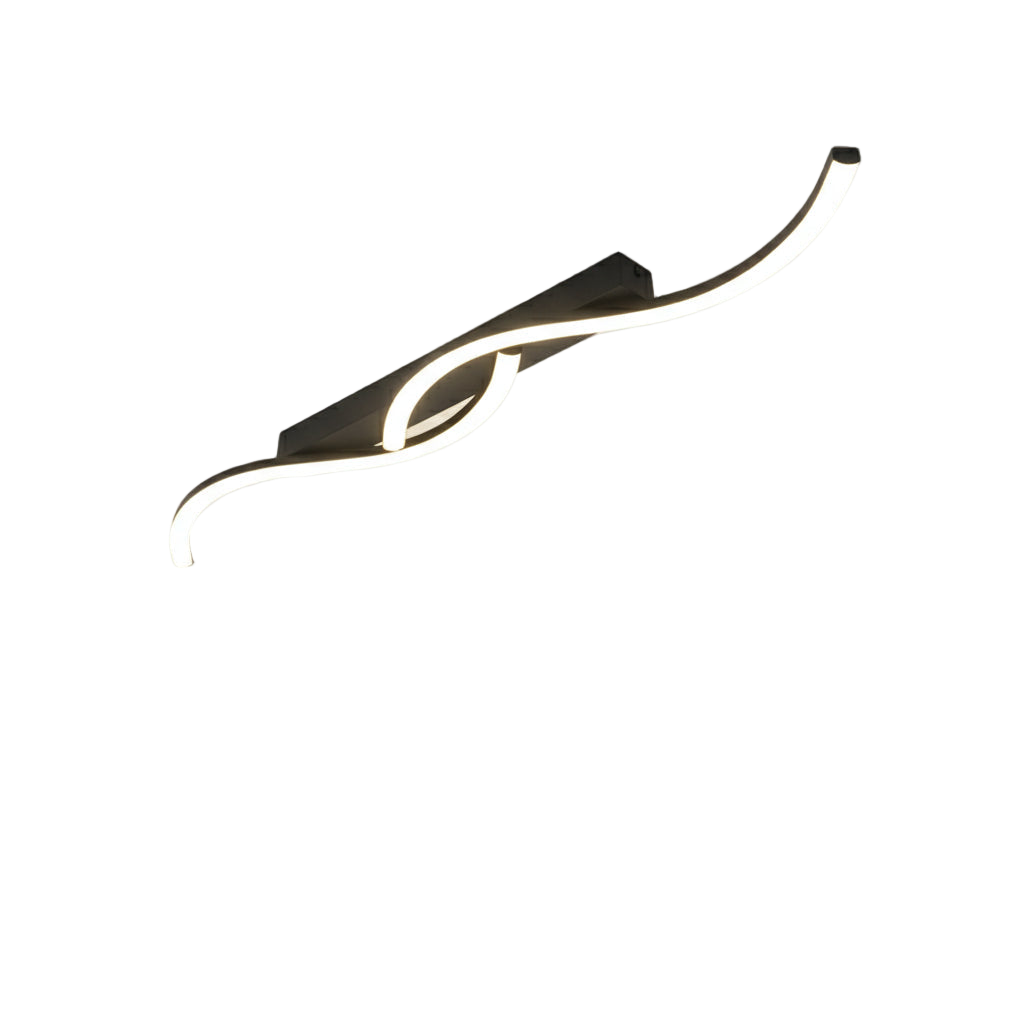 Plafonnier LED moderne noir avec ligne ondulée design.