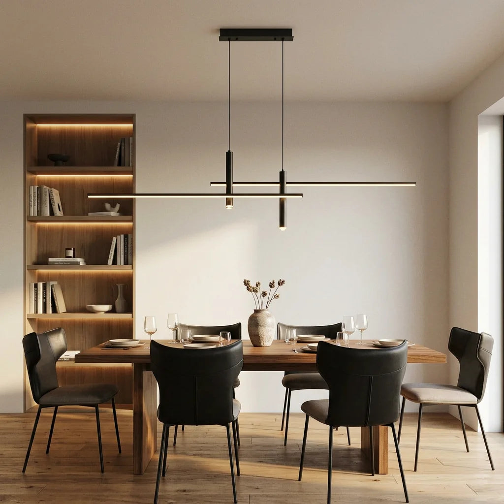 Suspension Prym noir mat au-dessus d'une table à manger