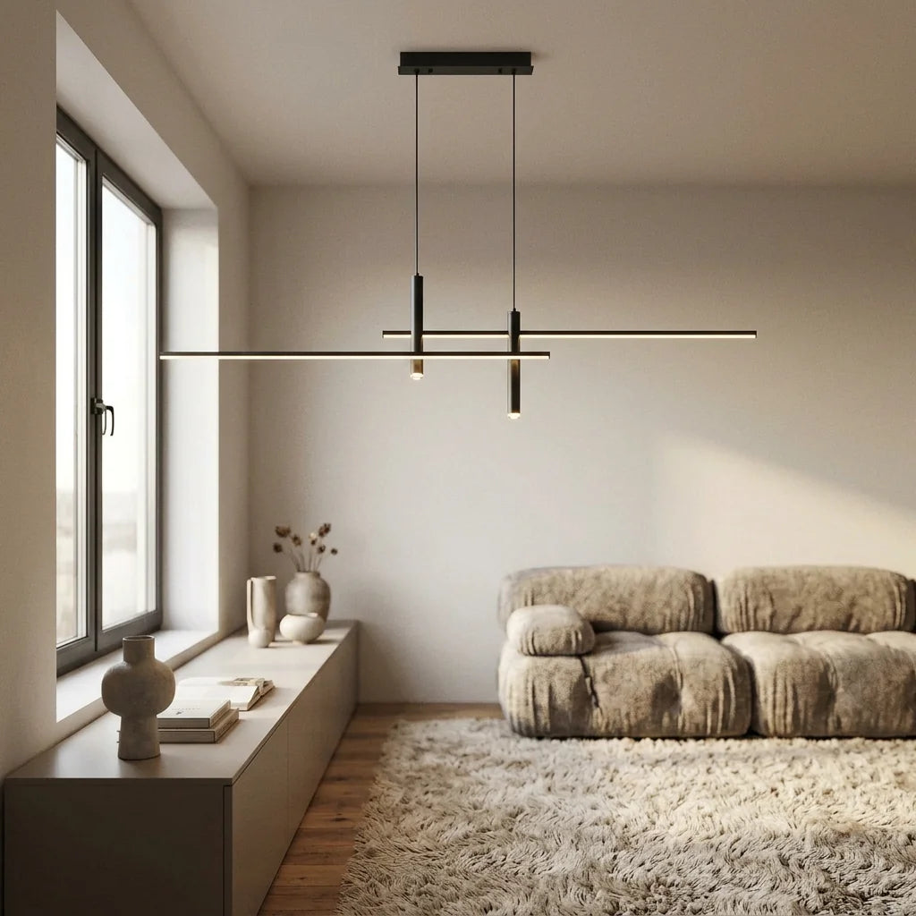 Suspension Prym noir mat au-dessus d'une console de salon