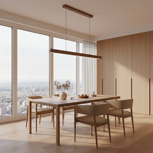 Vue latérale de la suspension LED en bois, luminaire linéaire style scandinave.