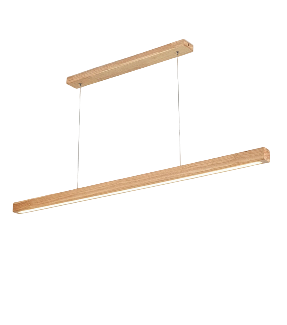 Suspension LED en bois naturel au design scandinave, luminaire linéaire moderne.