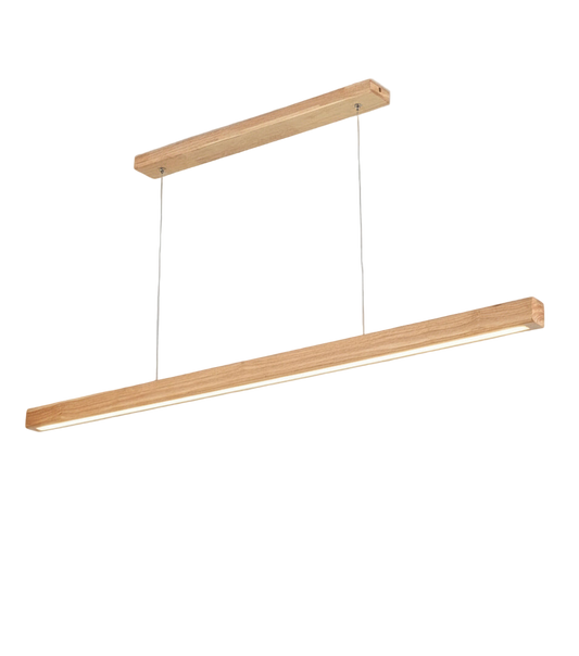 Suspension LED en bois naturel au design scandinave, luminaire linéaire moderne.