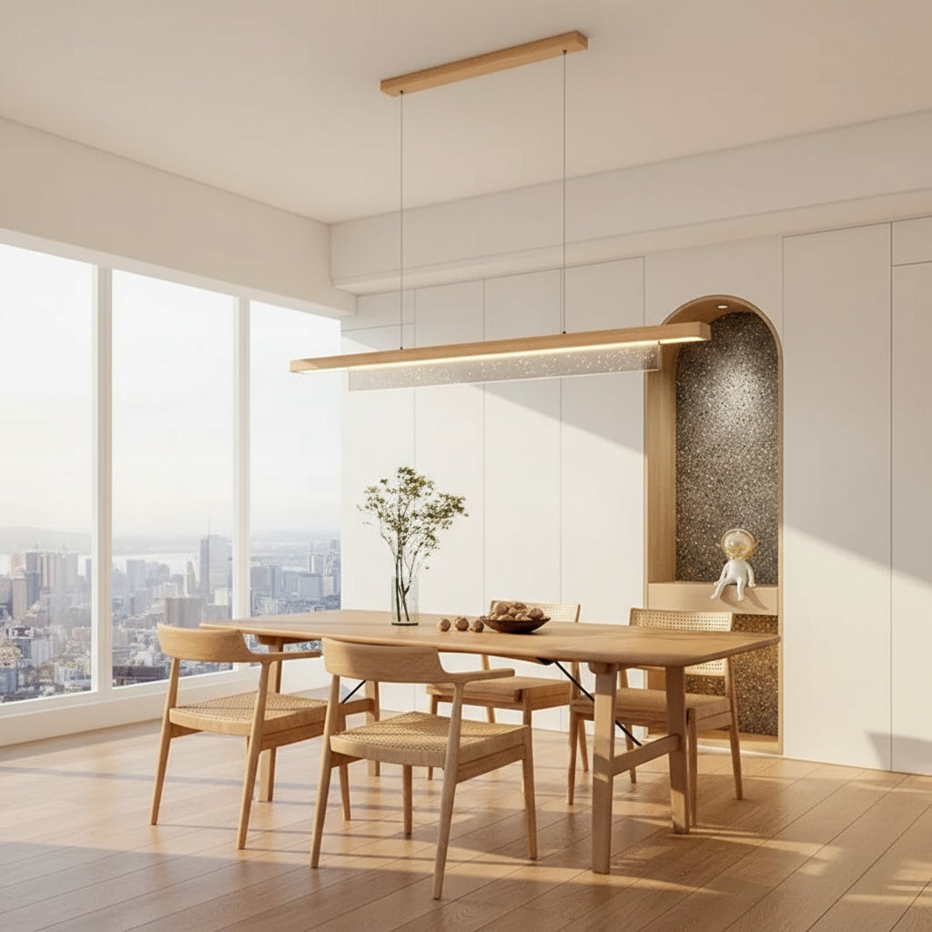 Suspension LED en bois installée au-dessus d’une table, éclairage scandinave chaleureux.