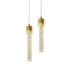 Suspension LED dorée avec tube en cristal et micro-bulles scintillantes.