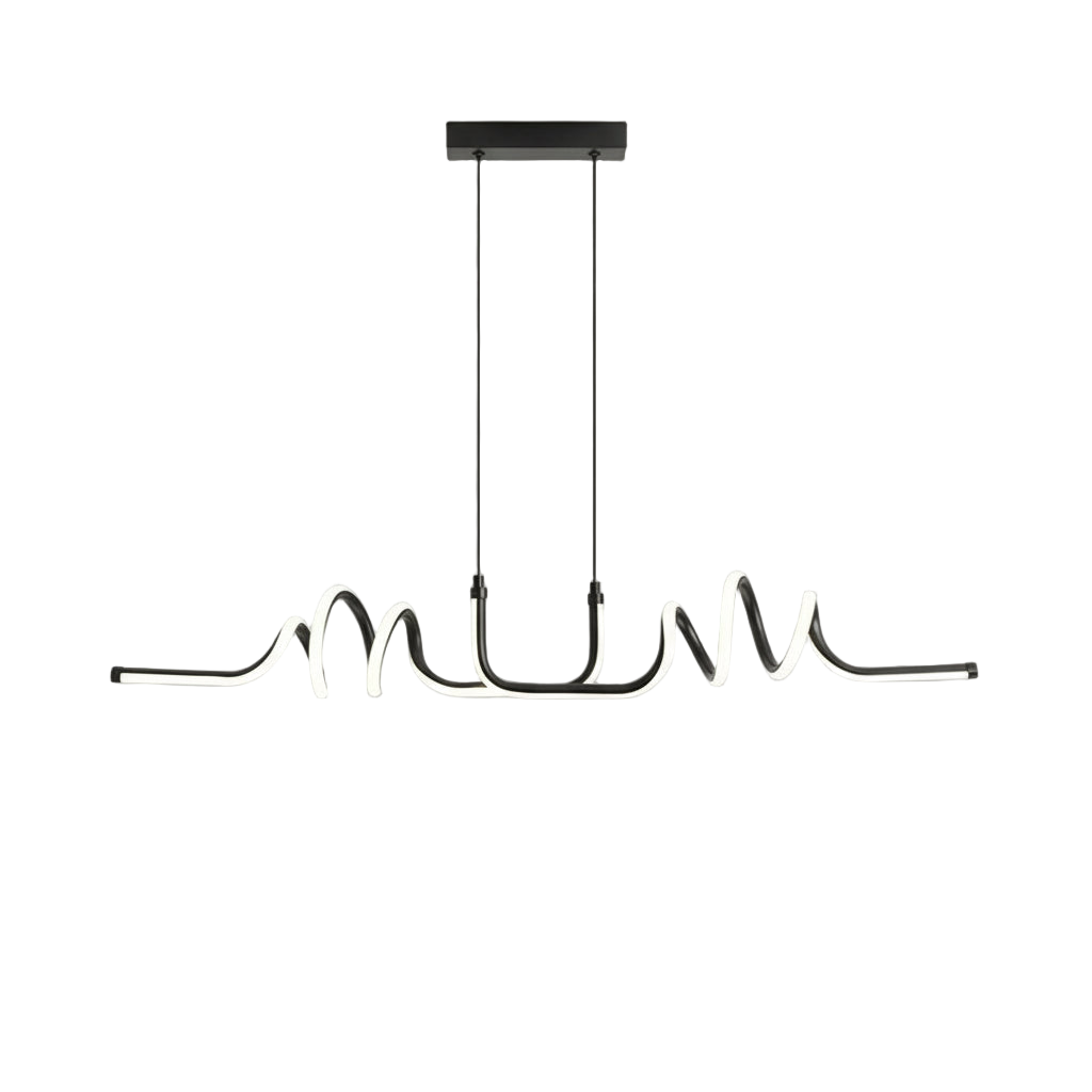 Suspension LED ondulée installée dans une cuisine moderne.