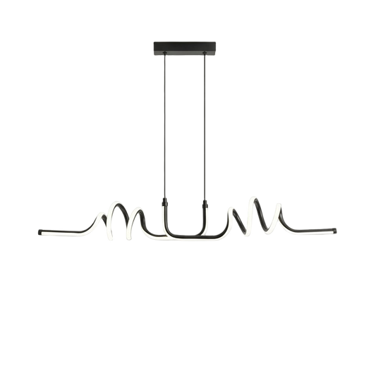 Suspension LED ondulée installée dans une cuisine moderne.