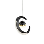 Suspension LED en forme de lune installée dans une chambre moderne.