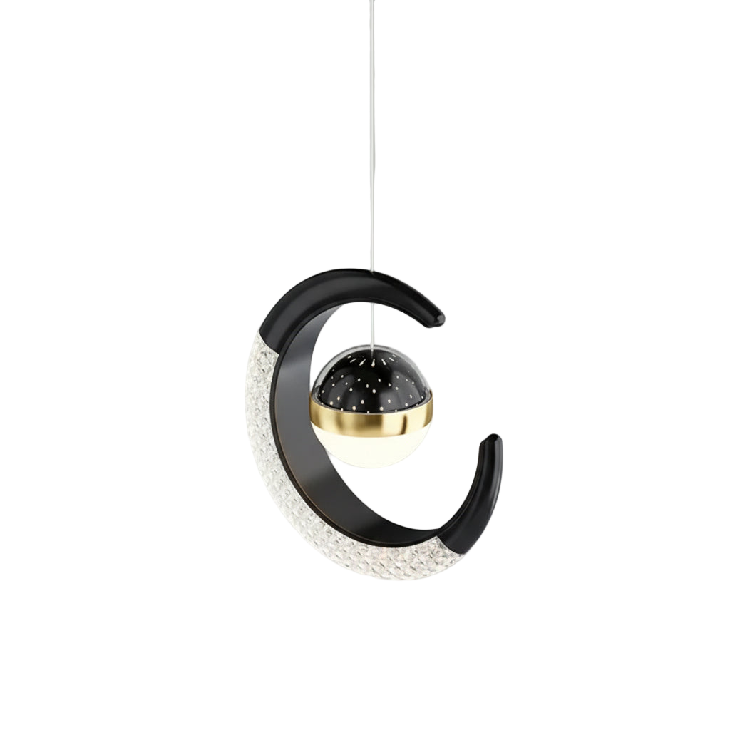 Suspension LED en forme de lune installée dans une chambre moderne.