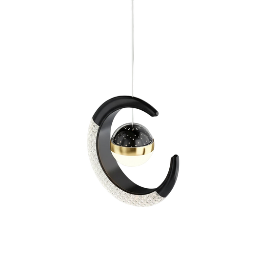 Suspension LED en forme de lune installée dans une chambre moderne.