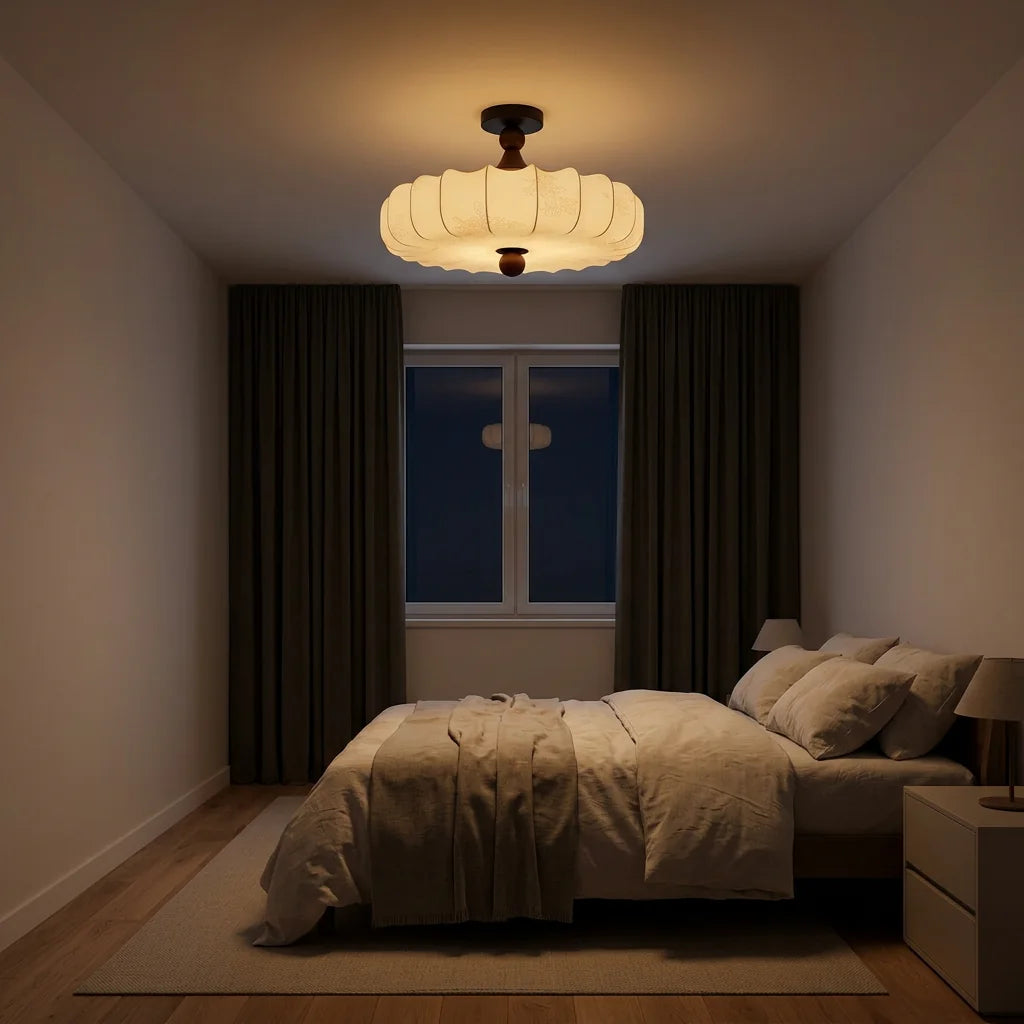 Plafonnier Velora dans une chambre en soirée, tamisé